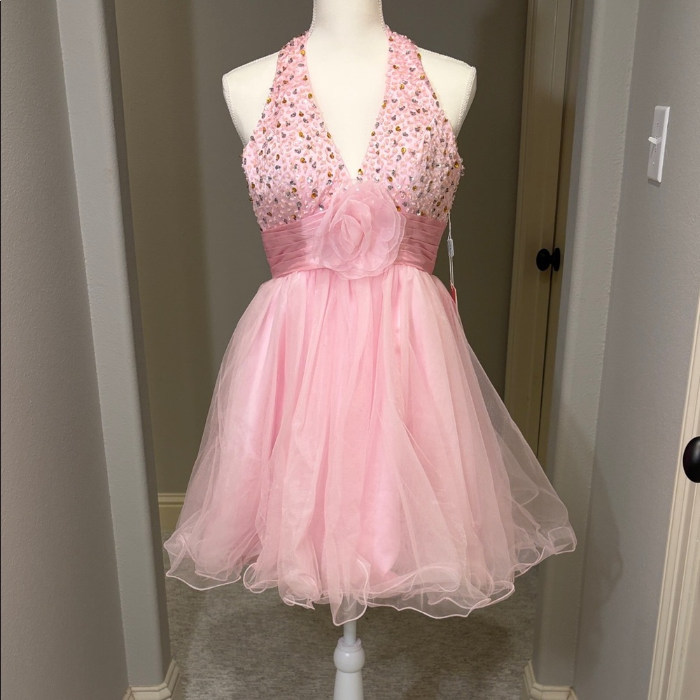 NWT JJs House Pink Halter Mini Dress with Beading